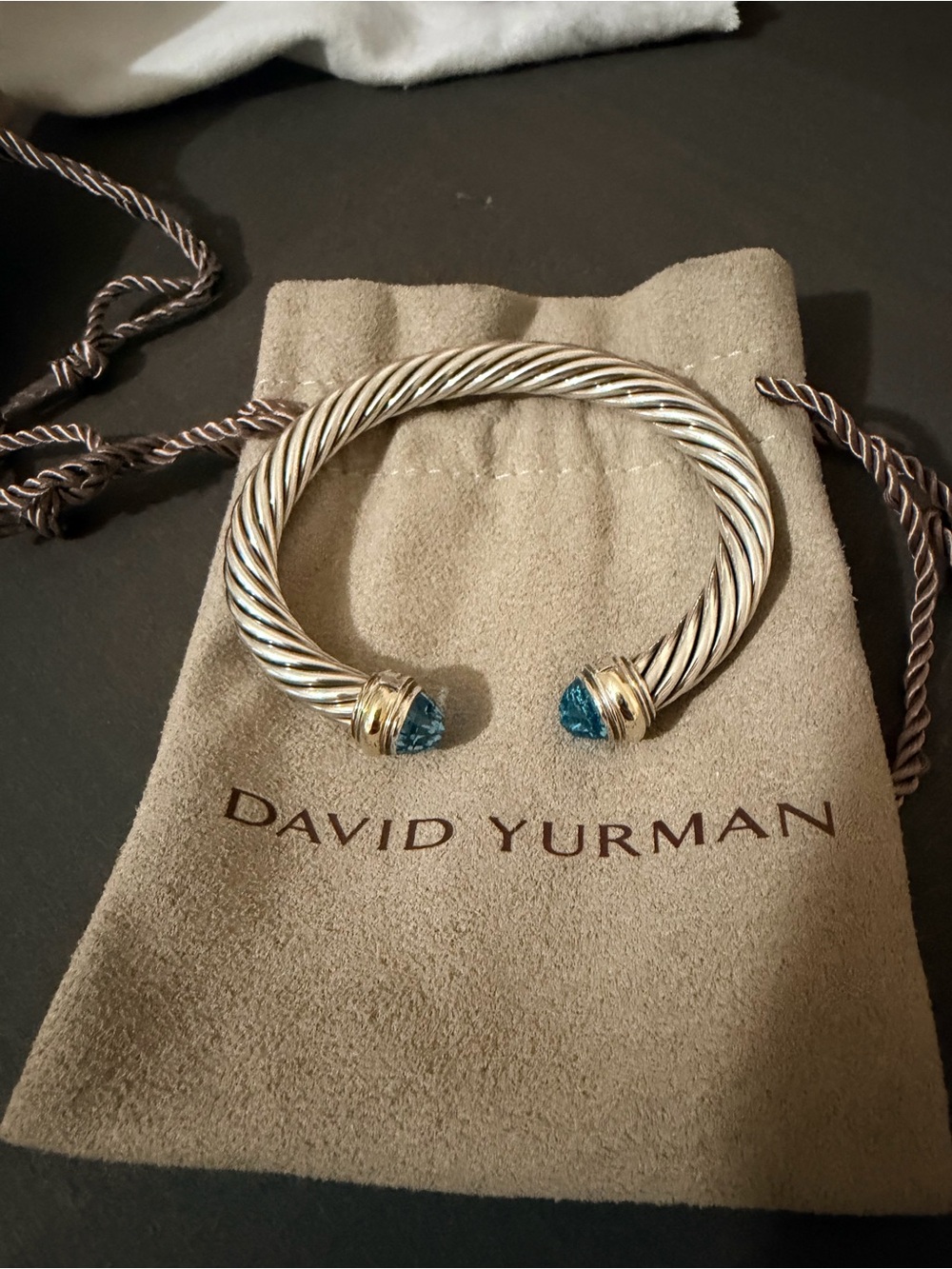 David Yurman Classic Cable Bracelet w/ 14kt YG + Blue Topaz Sz S Excellent